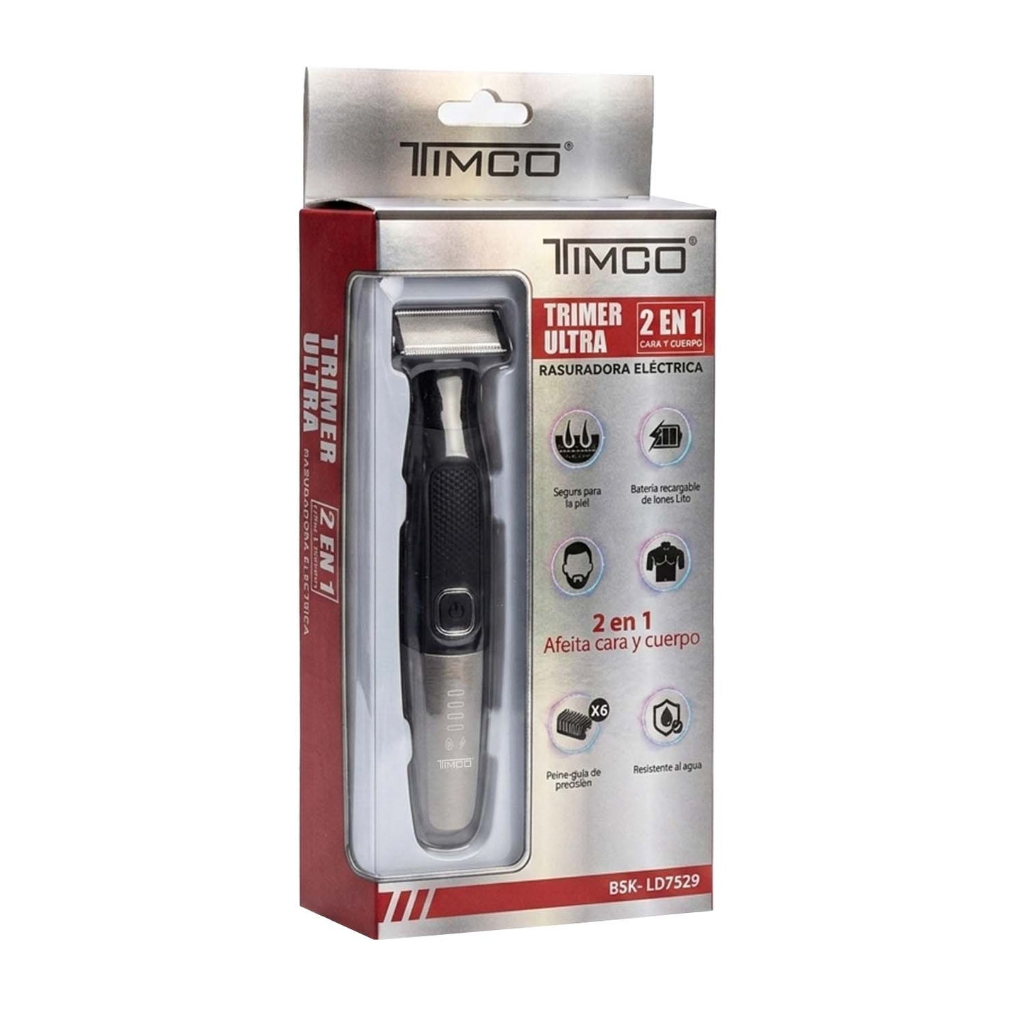 Recortadora de Barba TIMCO BSK‑LD7529 para Hombre 2 en 1 Rasuradora Eléctrica Inalambrica Trimmer Corporal con 6 Peines y Resistencia al Agua