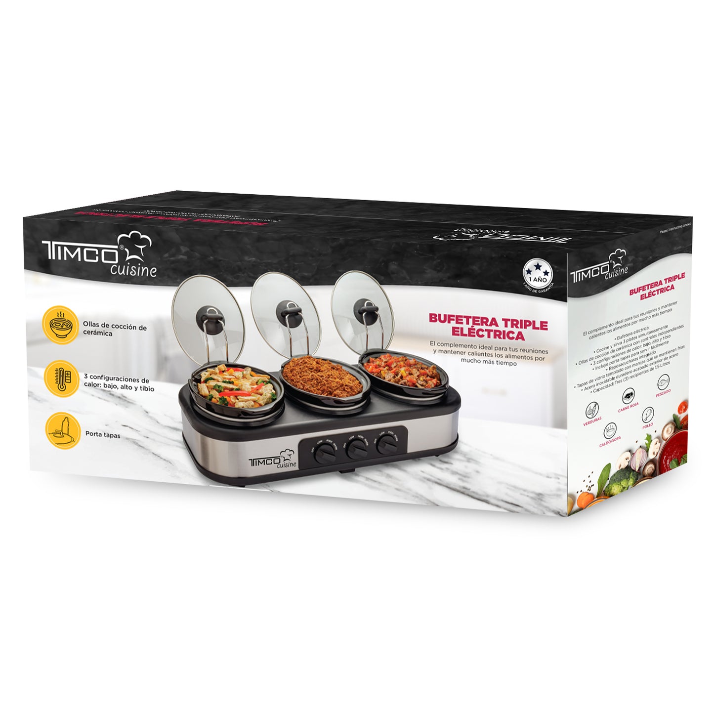 Bufetera Electrica Triple 3 Insertos de Ceramica Chafer Cocina Eventos Timco BUFET1121