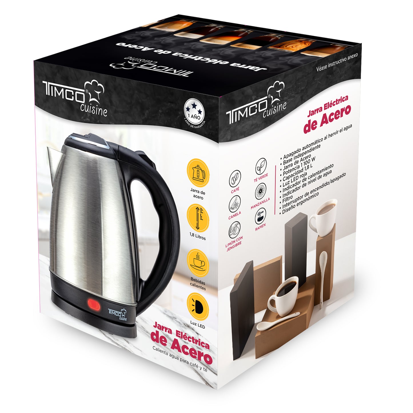 Tetera Jarra Eléctrica 2 L Hervidor Agua Acero inoxidable Timco JE355