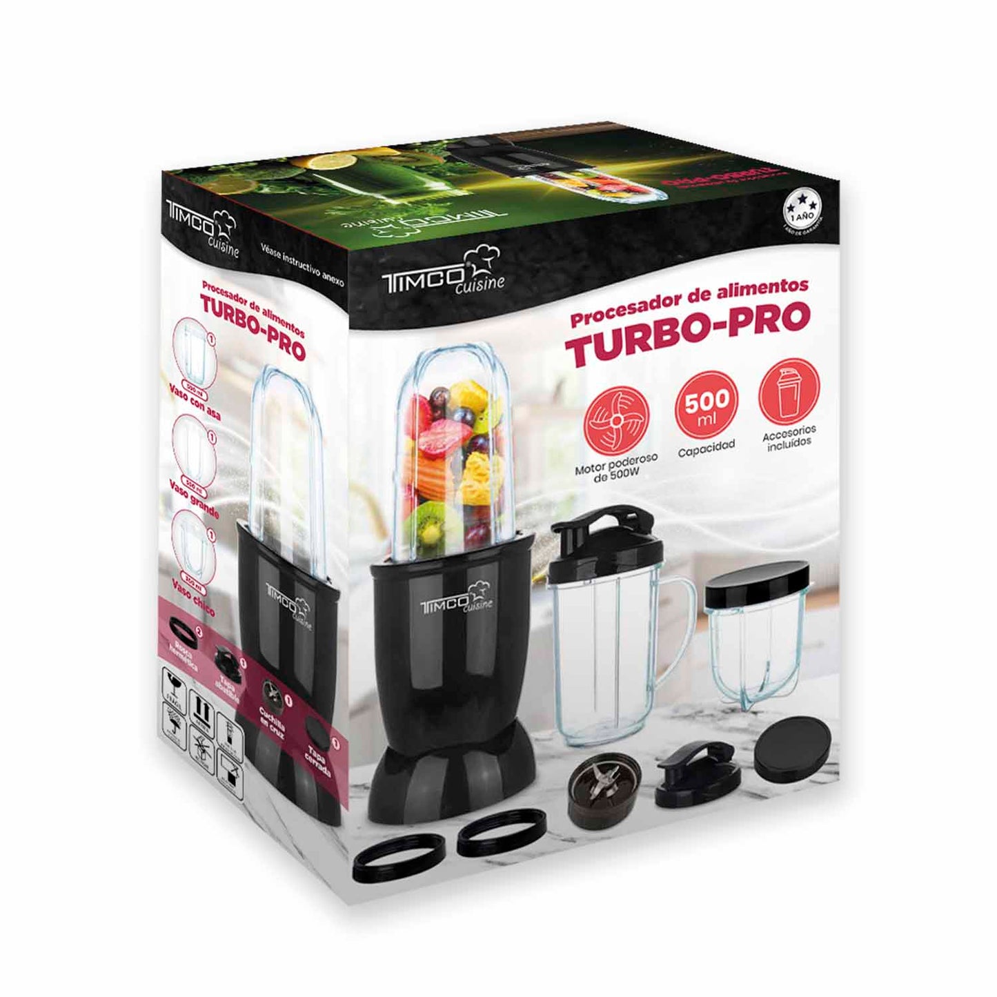 Licuadora Eléctrica 500W para Batidos Fitness con Vasos Individuales y Cuchilla de Acero Inoxidable Pica Hielo LIC368AB Timco