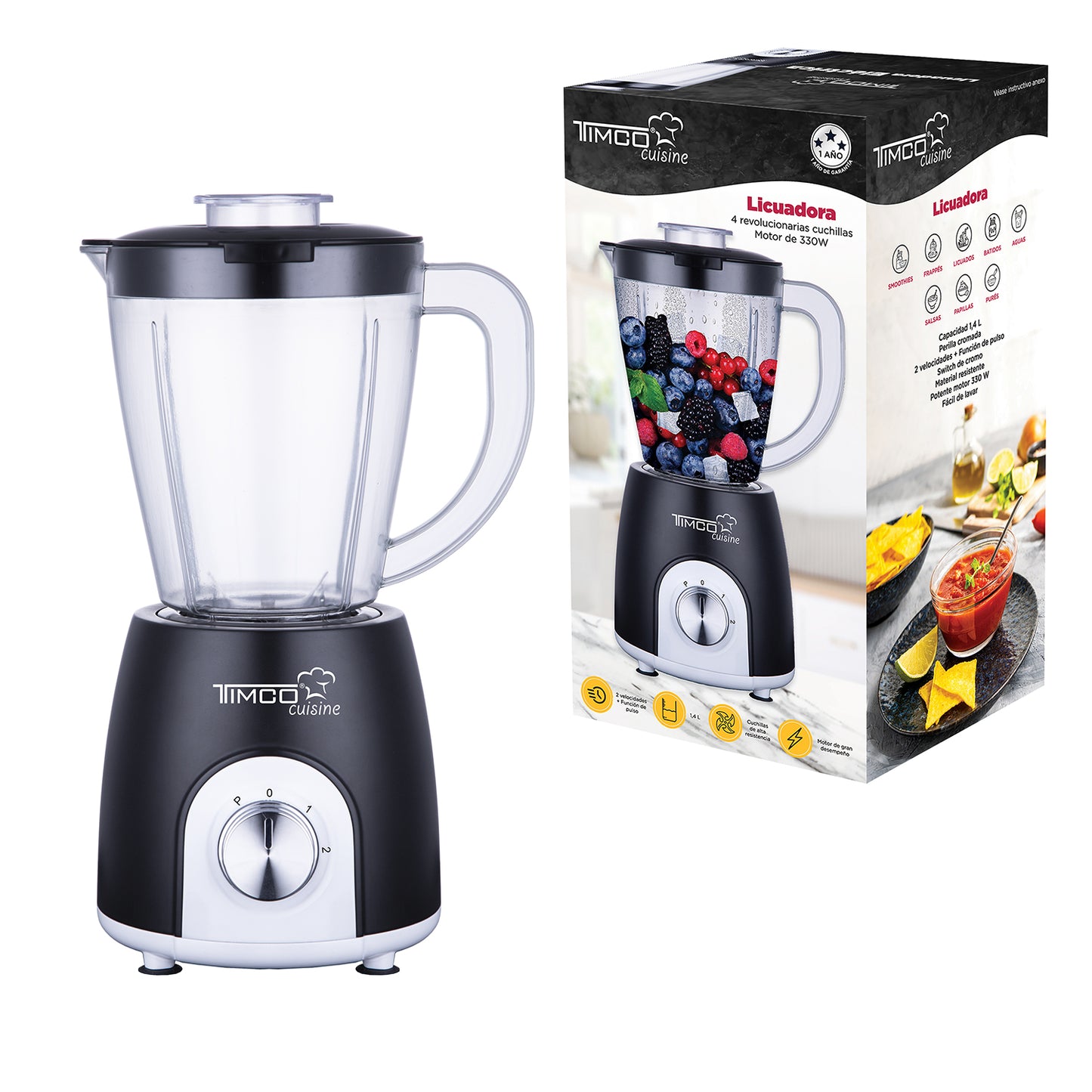 Licuadora Vaso de Plástico 1.4 L 3 Velocidades Libre de BPA Timco LICX803