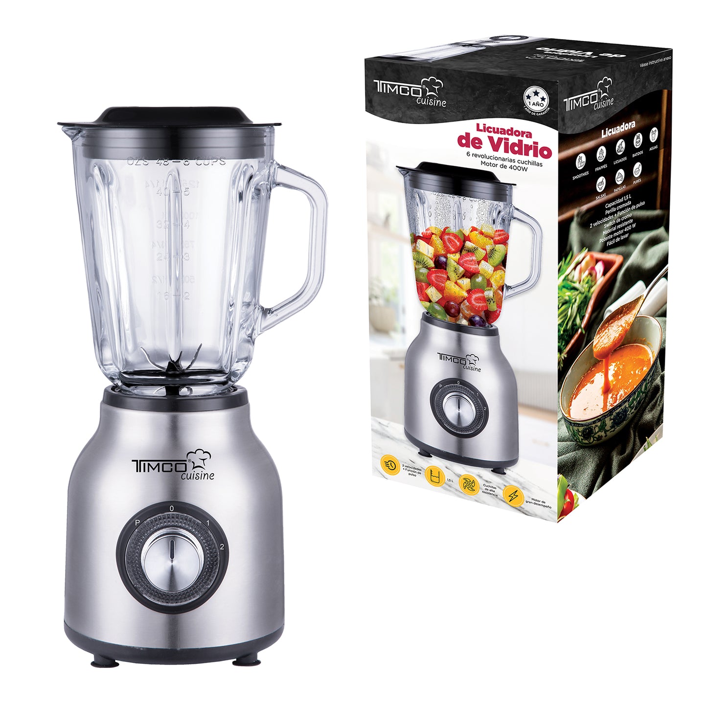 Licuadora Vaso de Vidrio 1.5 L 2 Velocidades Pica Hielo Acero Inoxidable Timco LICX921