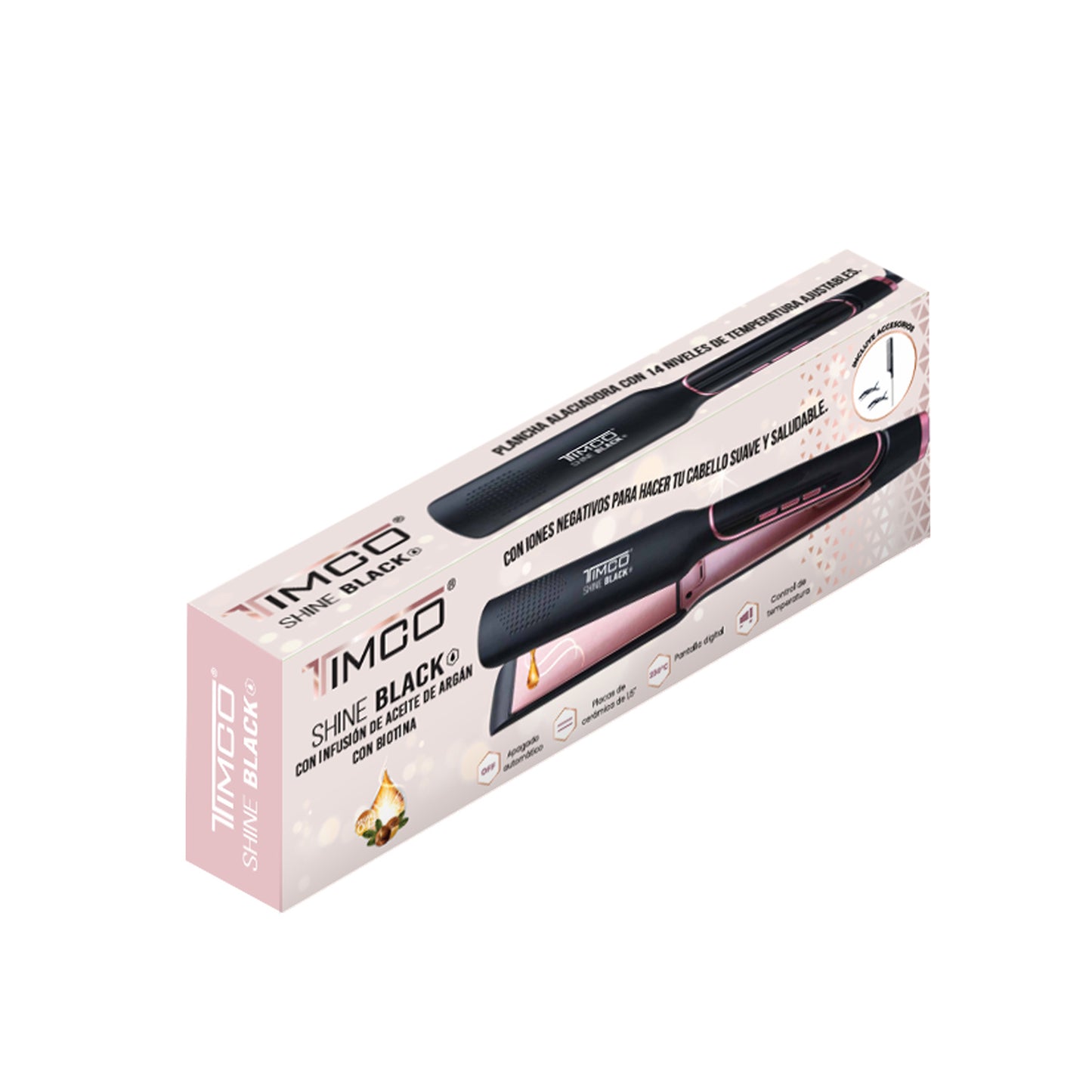 Plancha de Cabello TIMCO Placas de Ceramica Argan Iónica LED Antifrizz PYB1145