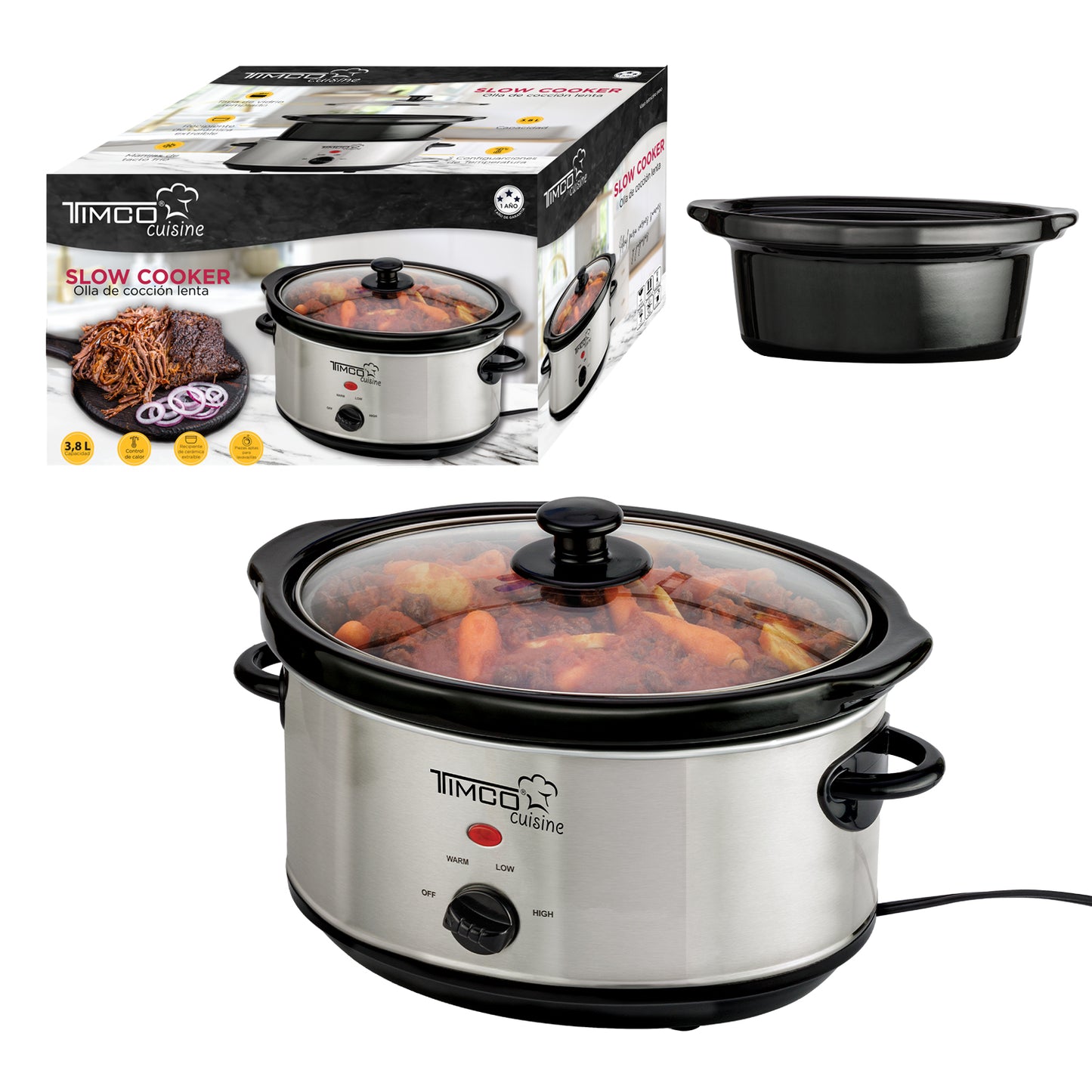 Olla Lento Cocimiento 3.8 Litros Tazon de Ceramica Potencia 200 W Olla Electrica Timco SLOW-350WZ