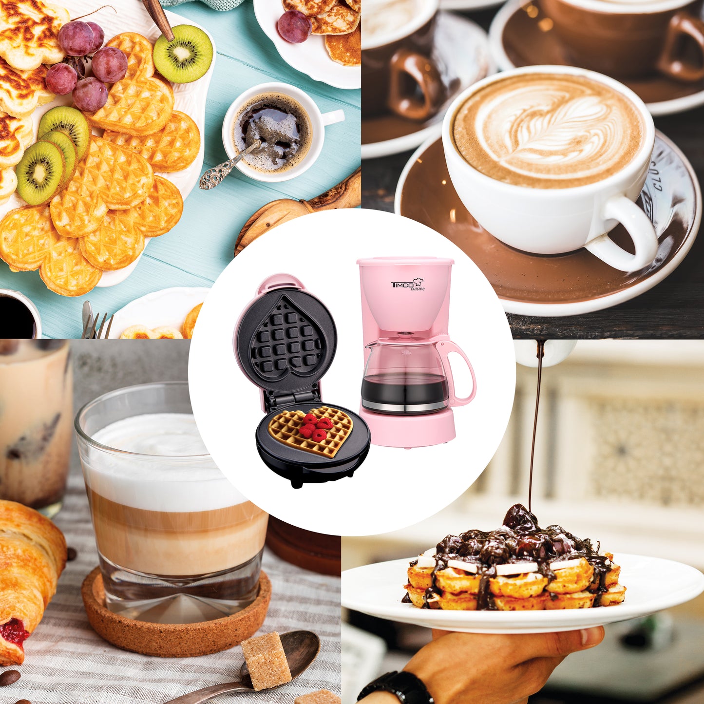 Combo Cafetera 750 ml Filtro Permanente Antigoteo + Waflera Eléctrica Antiadherente Waffles en Forma de Corazón TIMCO COM-DES1