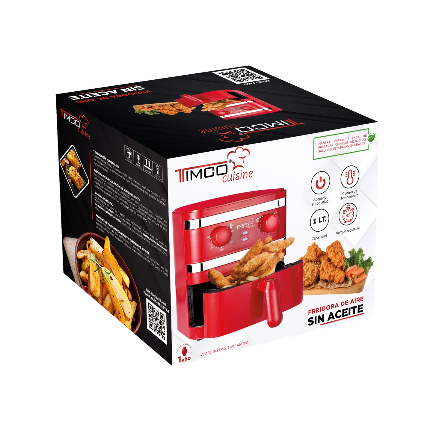 Freidora de Aire Eléctrica Capacidad 1 L Sin Aceite Color Rojo Timco AF003R