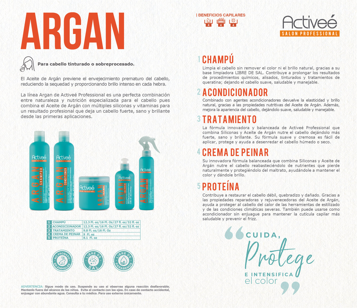 Proteina Capilar Activeé Professional Argan Tecnologia para cuidado Intensivo de Cabello Teñido o Dañado Libre de Sal