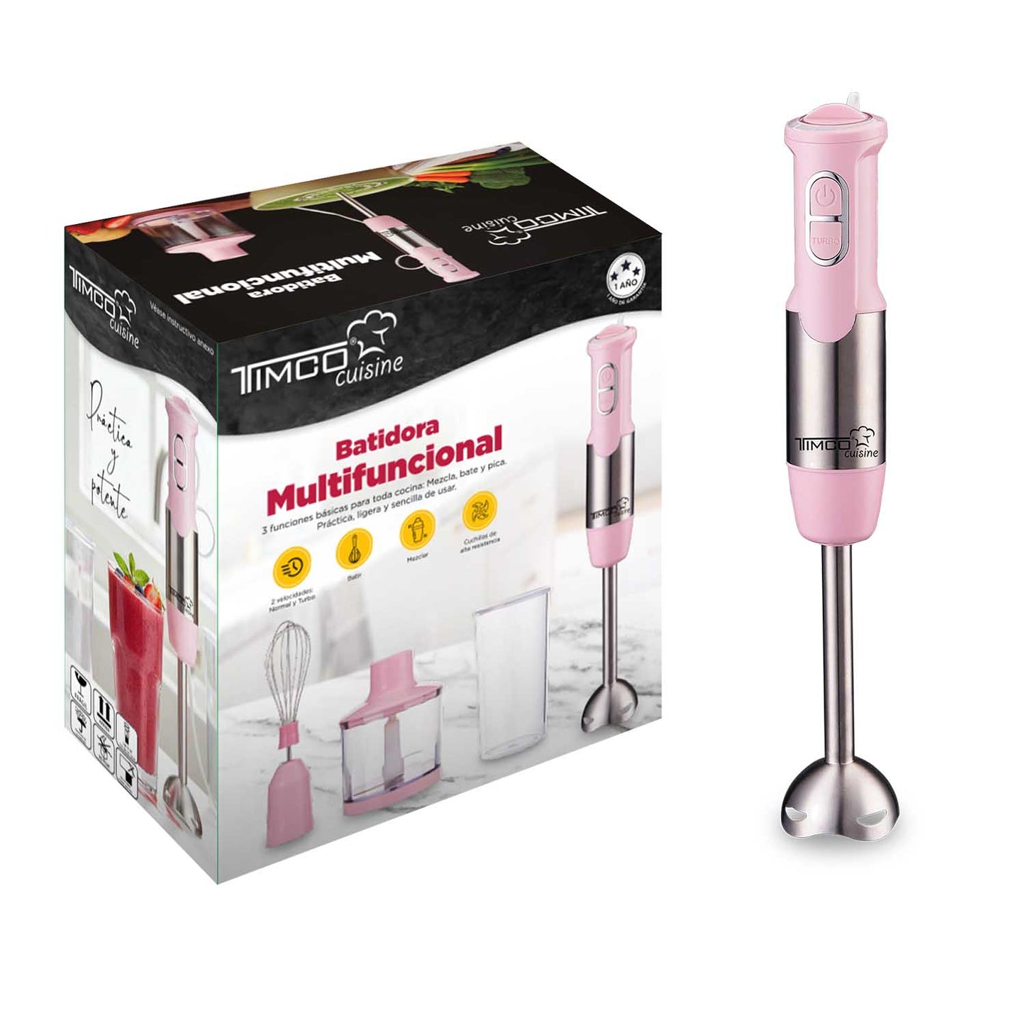 Batidora Multifuncional de Inmersion 4 en 1 Licuadora de Mano Acero Inoxidable Timco BAT2203 R
