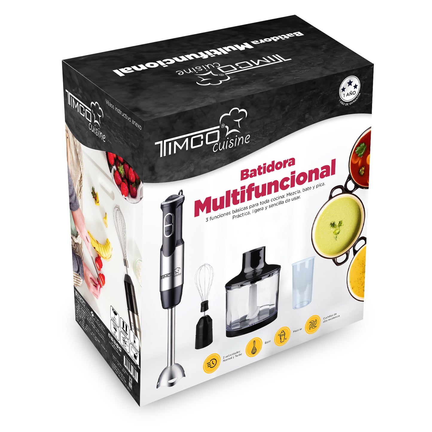 Batidora Multifuncional de Inmersion 4 en 1 Licuadora de Mano Acero Inoxidable Timco BAT2203