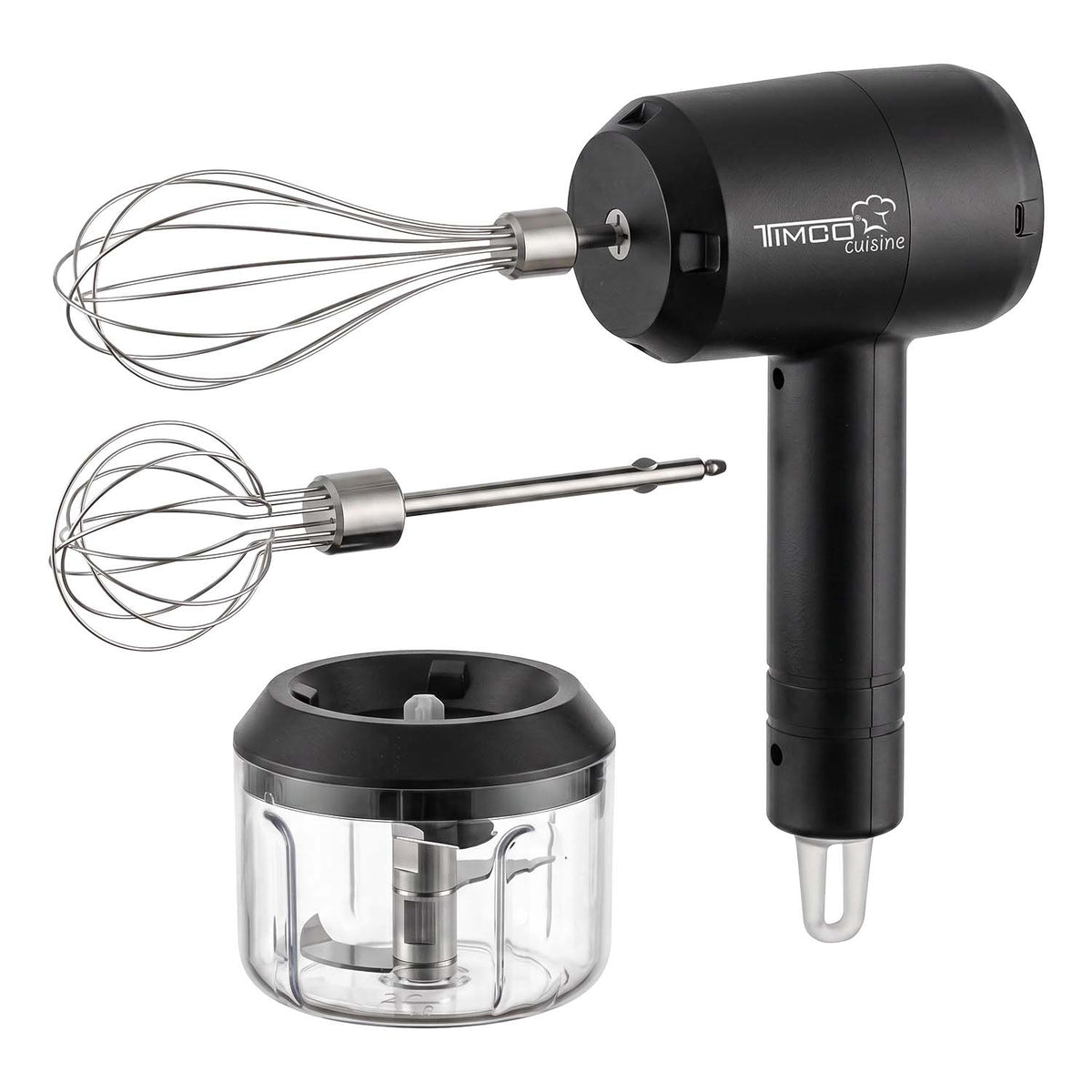 Batidora Eléctrica Inalambrica Timco 3 en 1 Recargable USB-C con Picadora de Alimentos Batidor de Huevos Mezcladora BAT301S