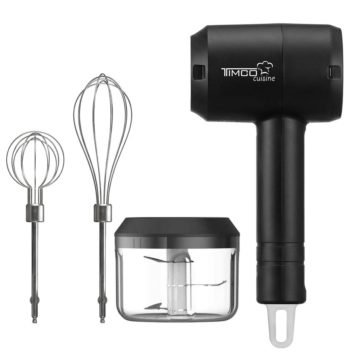 Batidora Eléctrica Inalambrica Timco 3 en 1 Recargable USB-C con Picadora de Alimentos Batidor de Huevos Mezcladora BAT301S