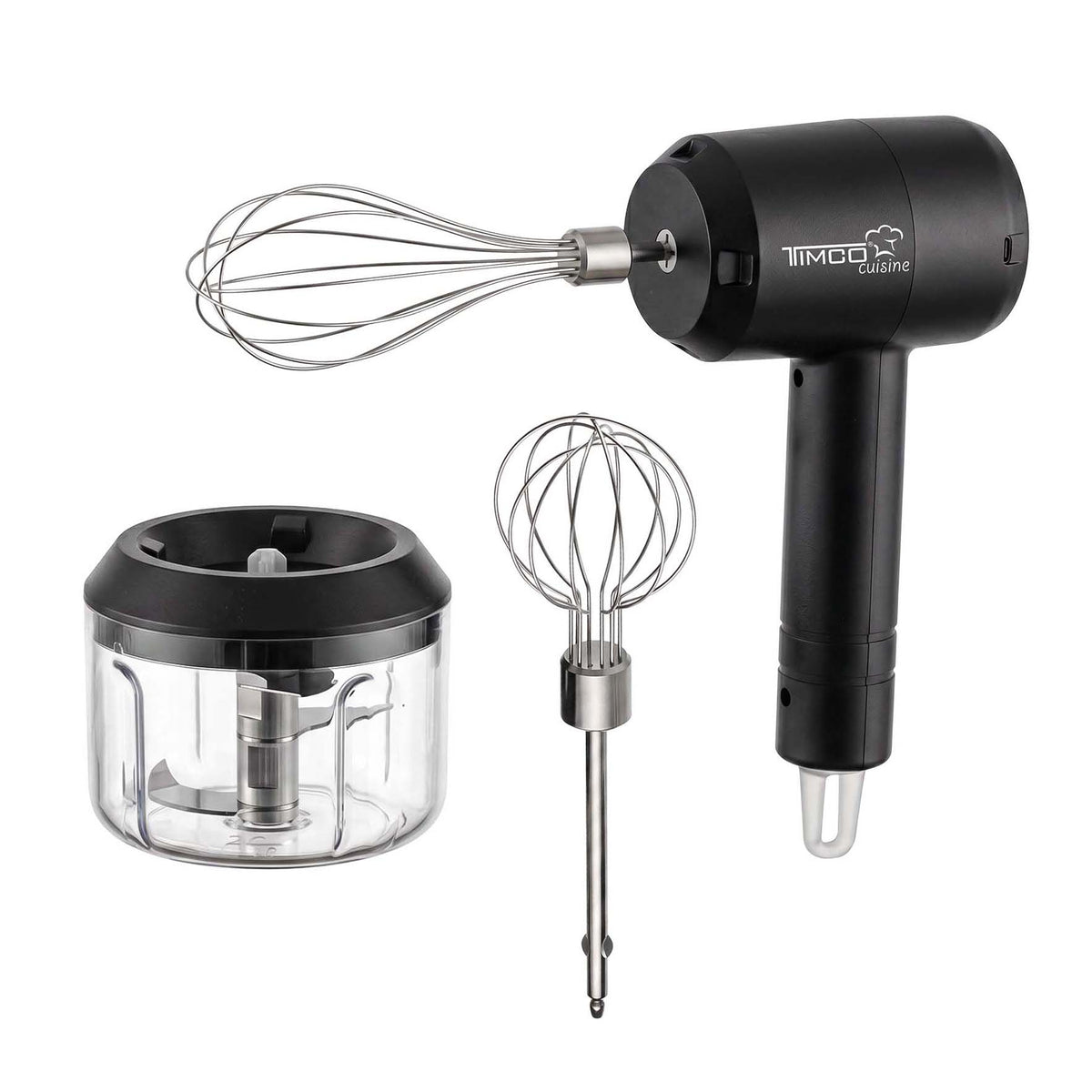 Batidora Eléctrica Inalambrica Timco 3 en 1 Recargable USB-C con Picadora de Alimentos Batidor de Huevos Mezcladora BAT301S