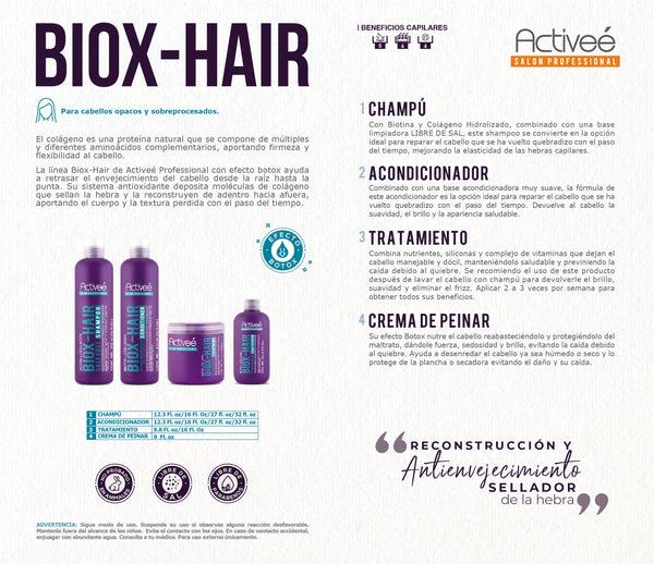 Shampoo Activee Professional Biotin+Colagena Renueva Nutre y Fortalece Cabellos Opacos y Procesados Libre de Sal