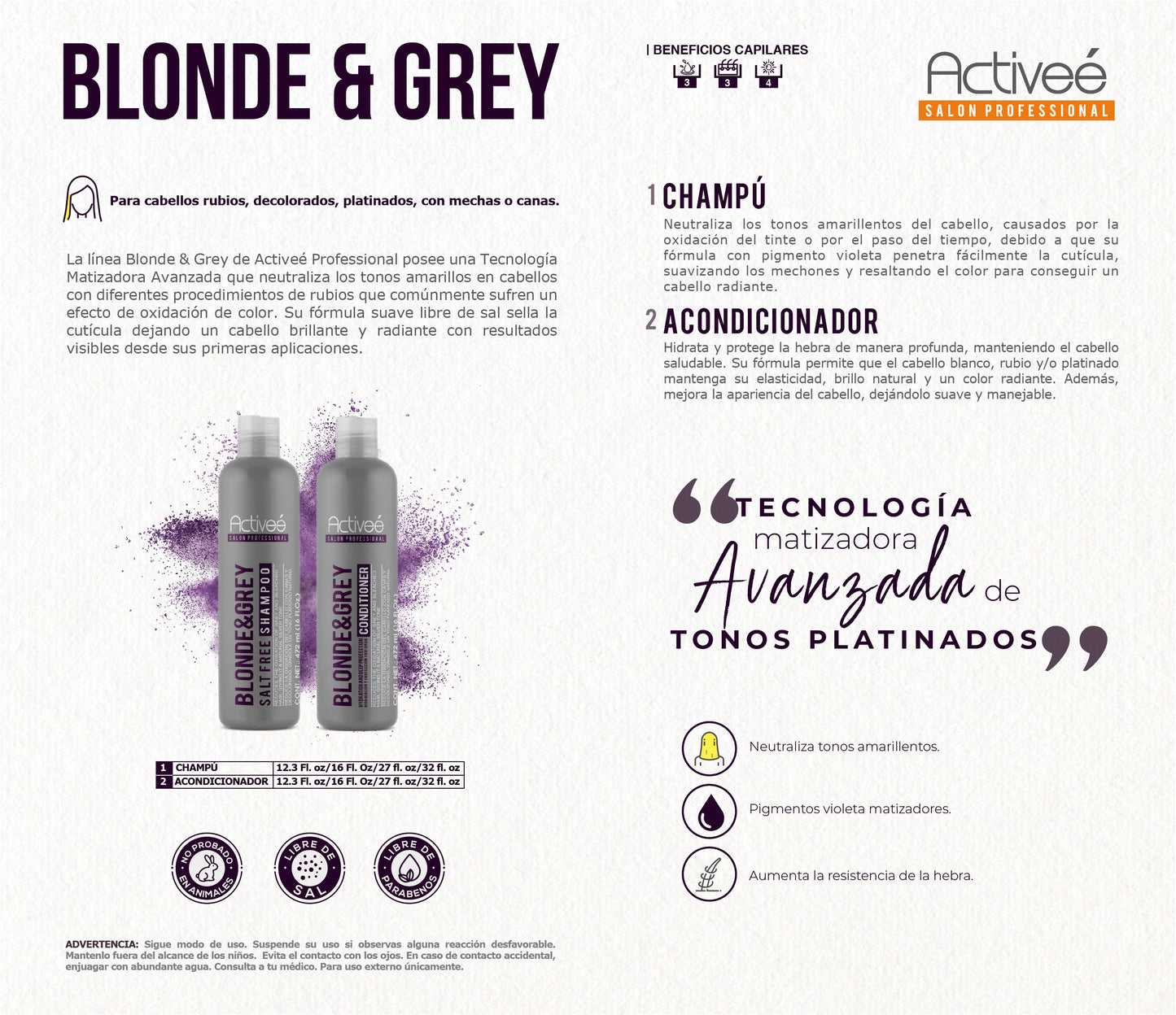Shampoo Activee Professional Blonde & Grey Reduce la Oxidacion del Cabello con Canas y Decolorado dandole un tono plateado natural