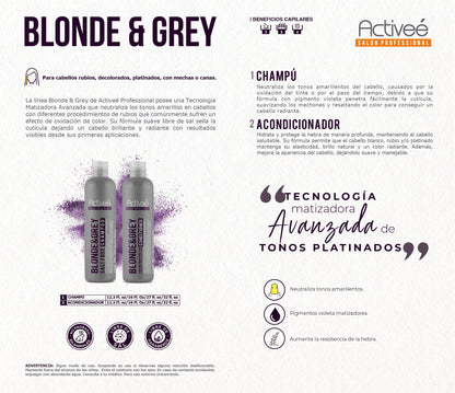 Shampoo Activee Professional Blonde & Grey Reduce la Oxidacion del Cabello con Canas y Decolorado dandole un tono plateado natural