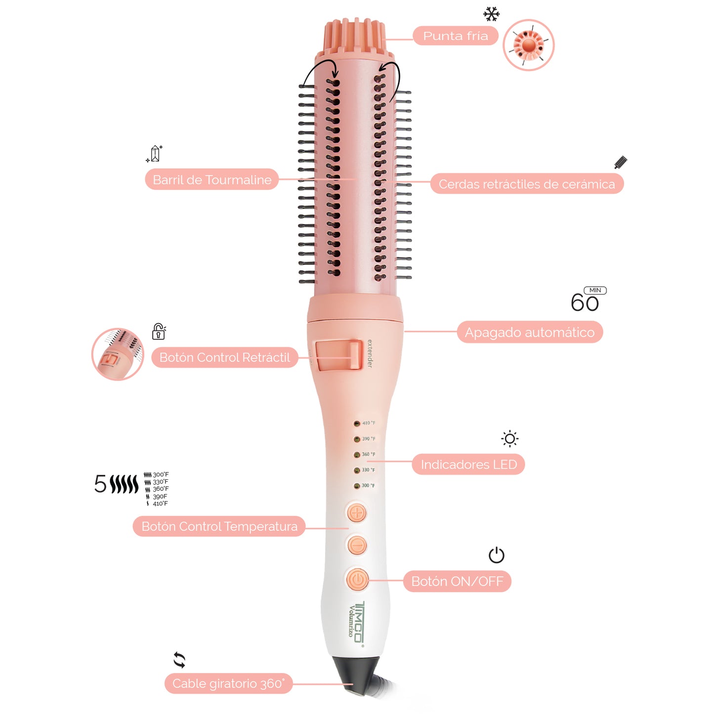 Cepillo Electrico de Cabello Redondo Voluminizador Cerdas Retractiles Tourmaline Majesty Peach Tourmaline Timco CEF228