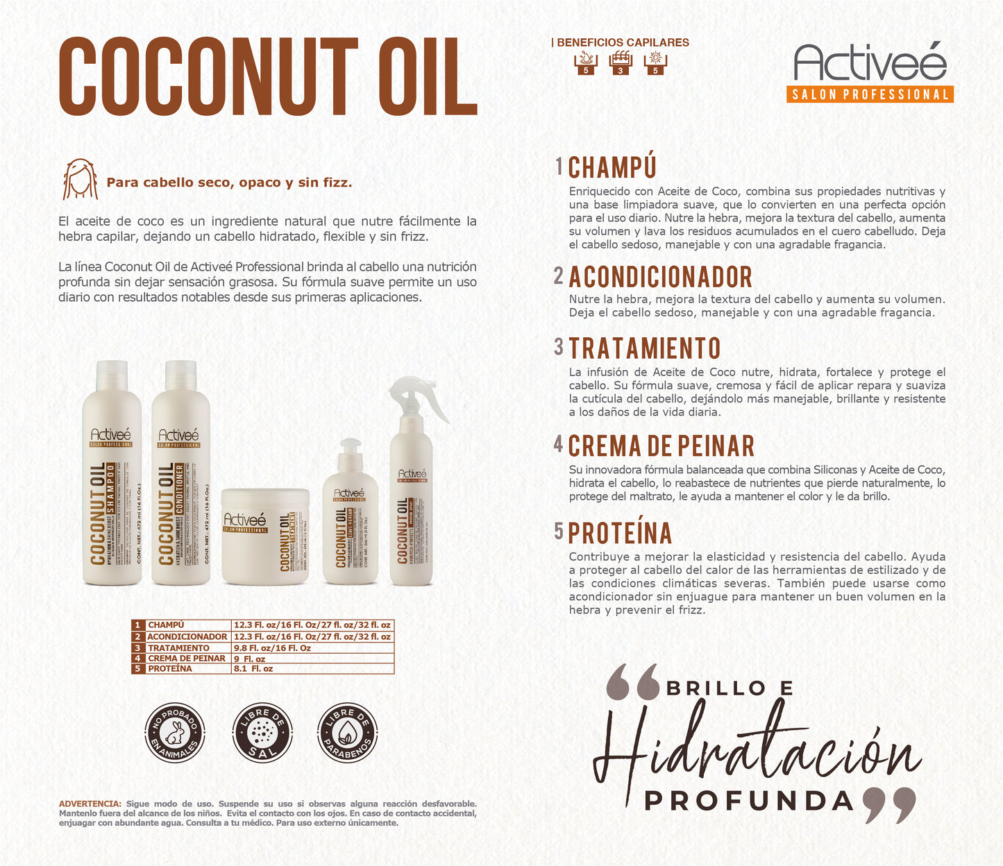 Proteina Capilar Activeé Professional Coconut Oil Tecnologia para cuidado Cabello con Perdida de Color Quebradizo y con Frizz Libre de Sal