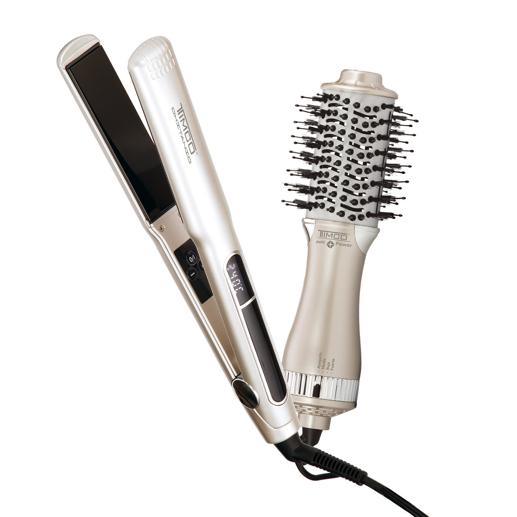 Combo Plancha Alaciadora para Cabello y Cepillo Secador de Cabello 2 en 1 Timco COM416