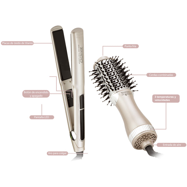 Combo Plancha Alaciadora para Cabello y Cepillo Secador de Cabello 2 en 1 Timco COM416