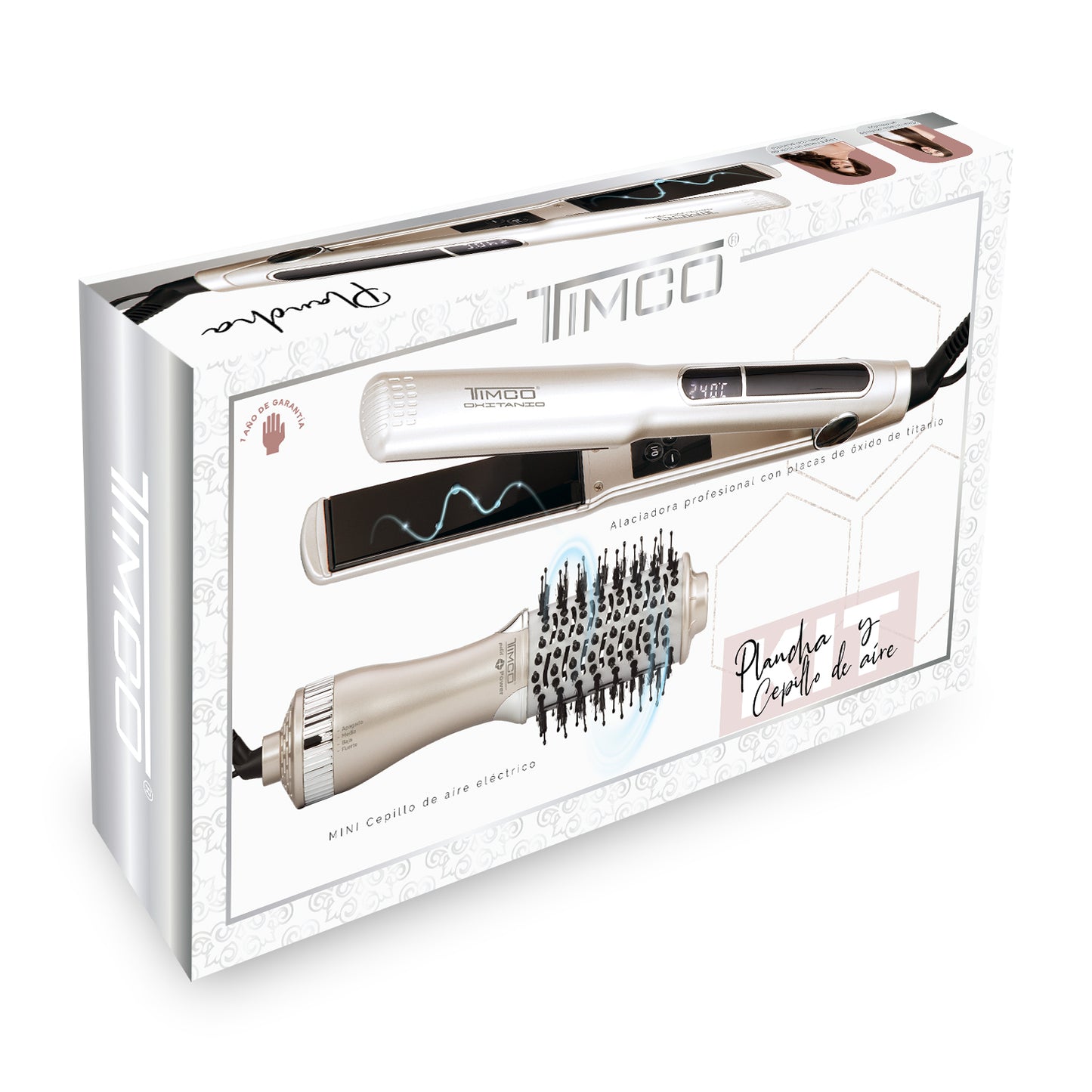 Combo Plancha Alaciadora para Cabello y Cepillo Secador de Cabello 2 en 1 Timco COM416