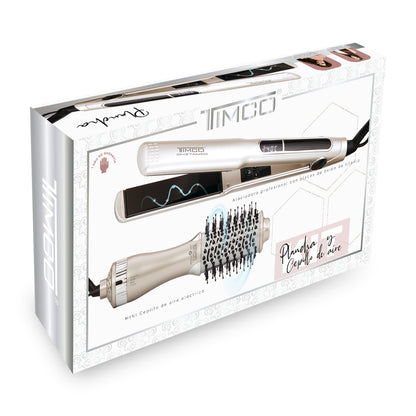 Combo Plancha Alaciadora para Cabello y Cepillo Secador de Cabello 2 en 1 Timco COM416