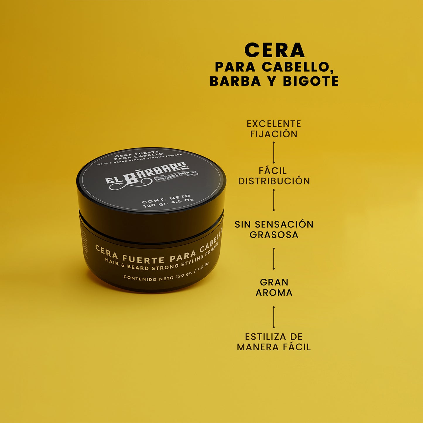 Cera para Cabello, Barba y Bigote Hombre Fijación Fuerte Sin Residuos Con Aceite de Ricino El Bárbaro 120g