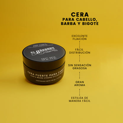 Cera para Cabello, Barba y Bigote Hombre Fijación Fuerte Sin Residuos Con Aceite de Ricino El Bárbaro 120g