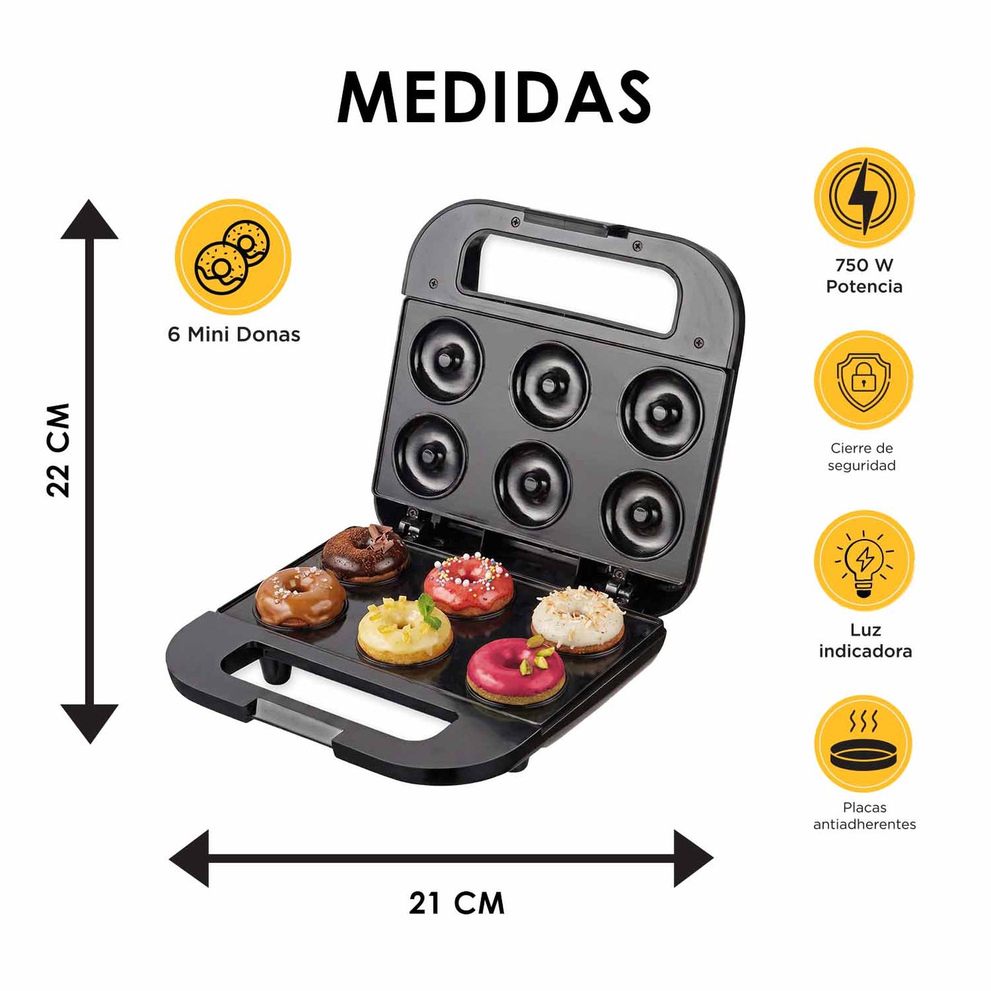 Maquina Electrica Mini Donas TIMCO DONA107 6 Donas Rápidas Antiadherente Luz Indicadora