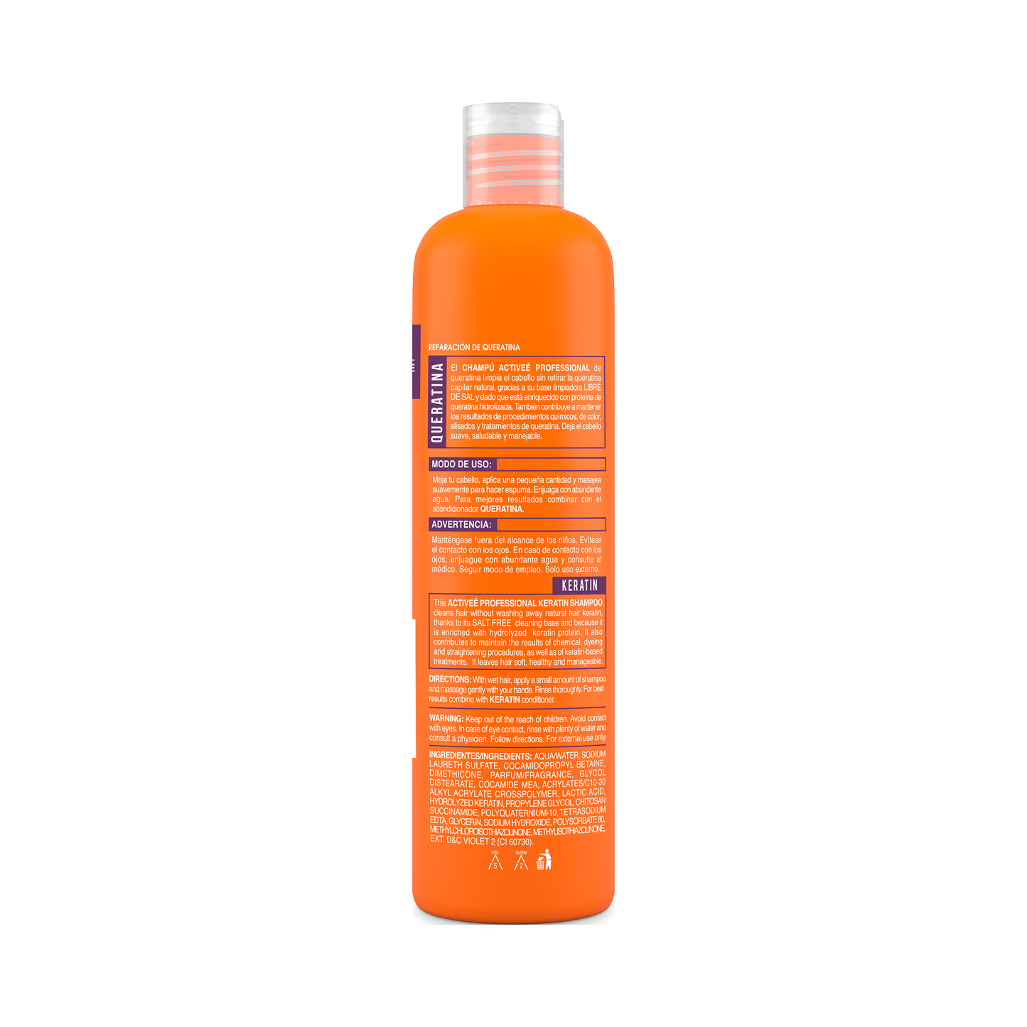Shampoo Activee Professional Keratin Tecnologia para cuidado Intensivo de Cabello Quimicamente tratado Libre de Sal