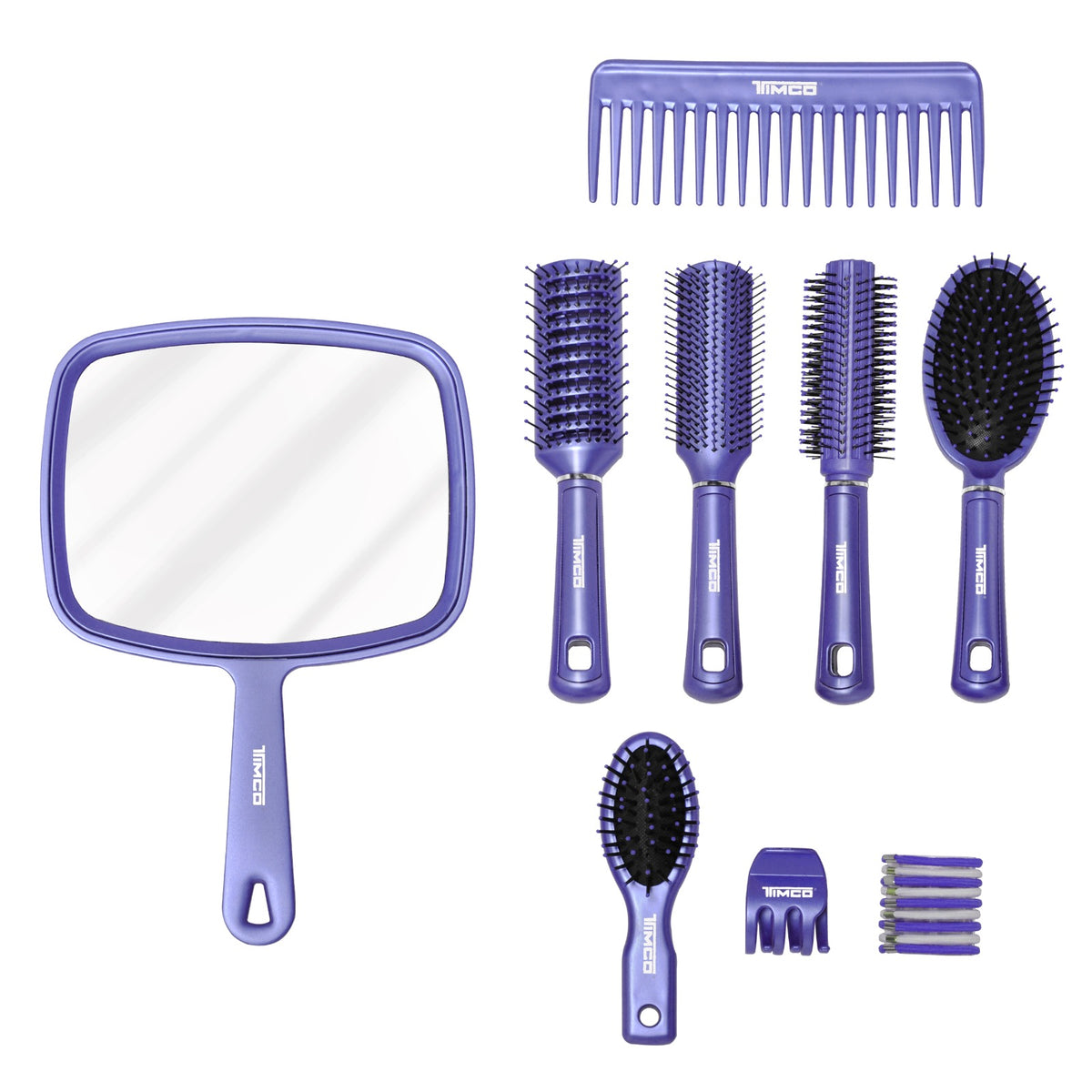 Kit de Cepillos TIMCO ETI‑1 Espejo Grande 5 Cepillos Variados Peine Pinza y 10 Ligas para Cabello
