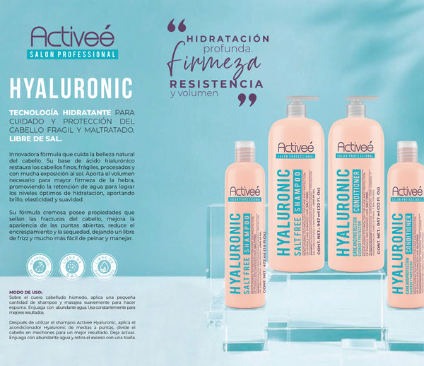 Shampoo Activee Profesional Hyaluronic Acid TecnologIa Hidratante para Cuidado y Protección del Cabello Fragil y Maltratado Libre de Sal