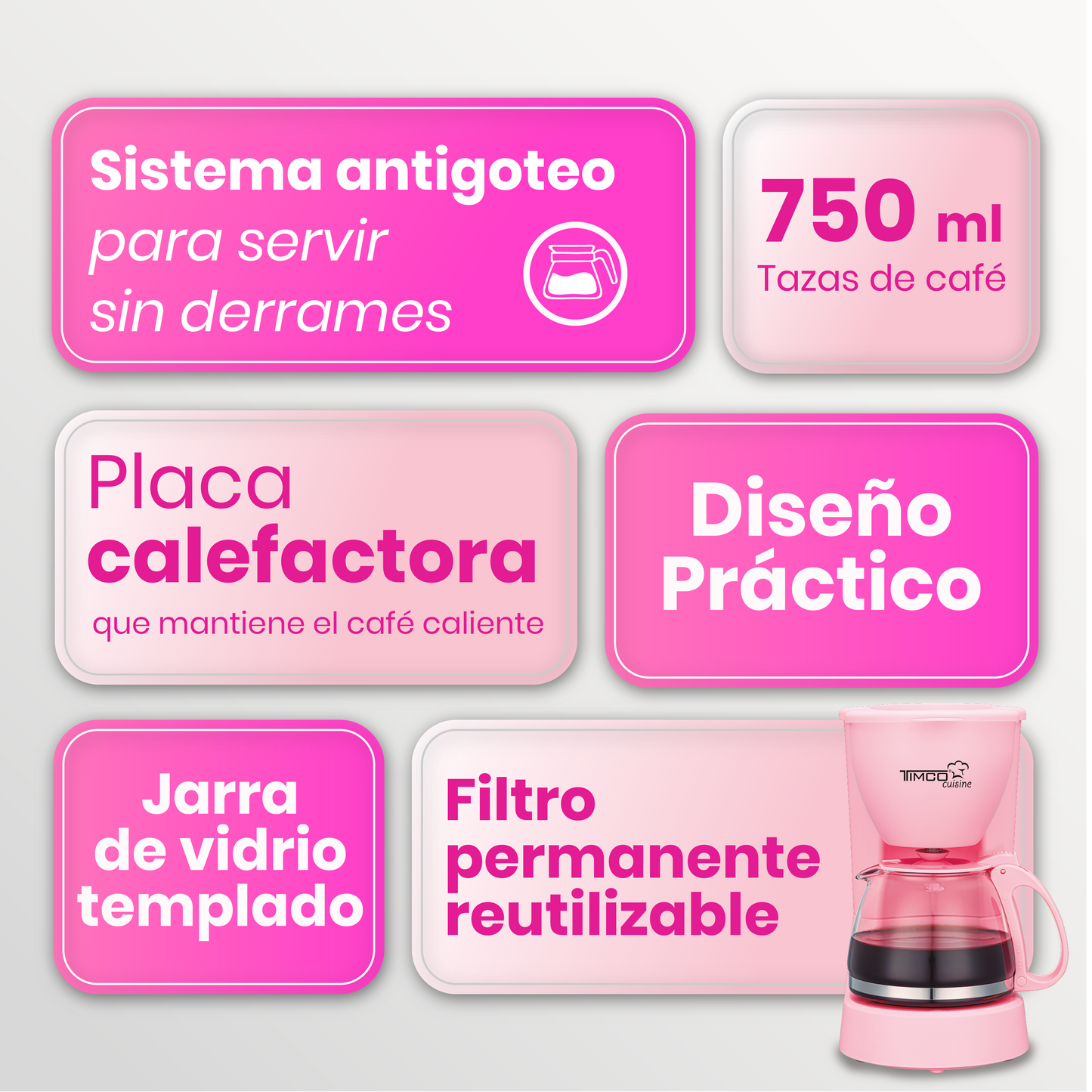 Cafetera Eléctrica Rosa 750 ml Filtro Permanente Antigoteo con Placa Calefactora CAFWJ9008 Timco