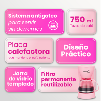 Cafetera Eléctrica Rosa 750 ml Filtro Permanente Antigoteo con Placa Calefactora CAFWJ9008 Timco