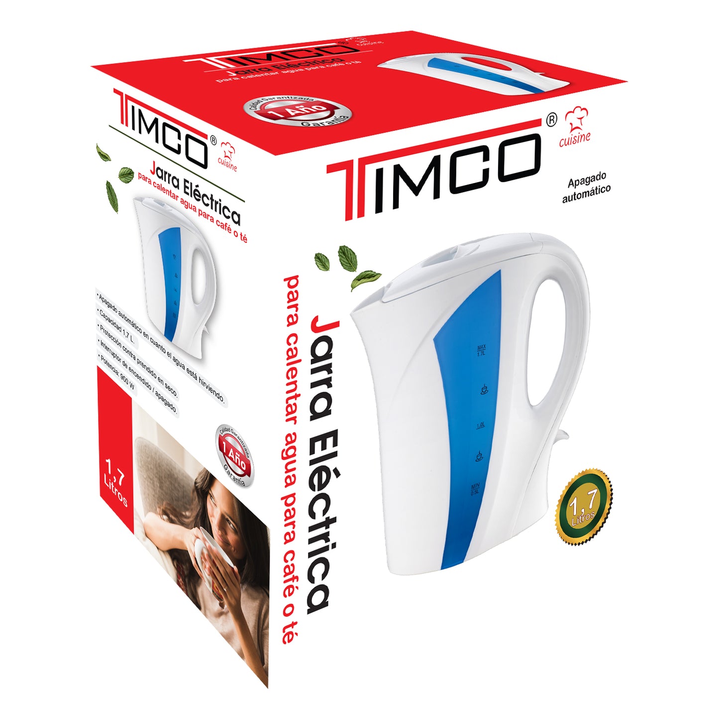 Jarra Eléctrica 1.7 L Tetera Hervidor de Agua Timco JE102B