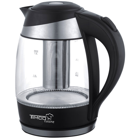Tetera Electrica con Infusor Removible Jarra Electrica de Vidrio para Calentar Agua Capacidad 1.8 litros Timco JE1757T