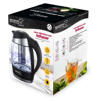 Tetera Electrica con Infusor Removible Jarra Electrica de Vidrio para Calentar Agua Capacidad 1.8 litros Timco JE1757T