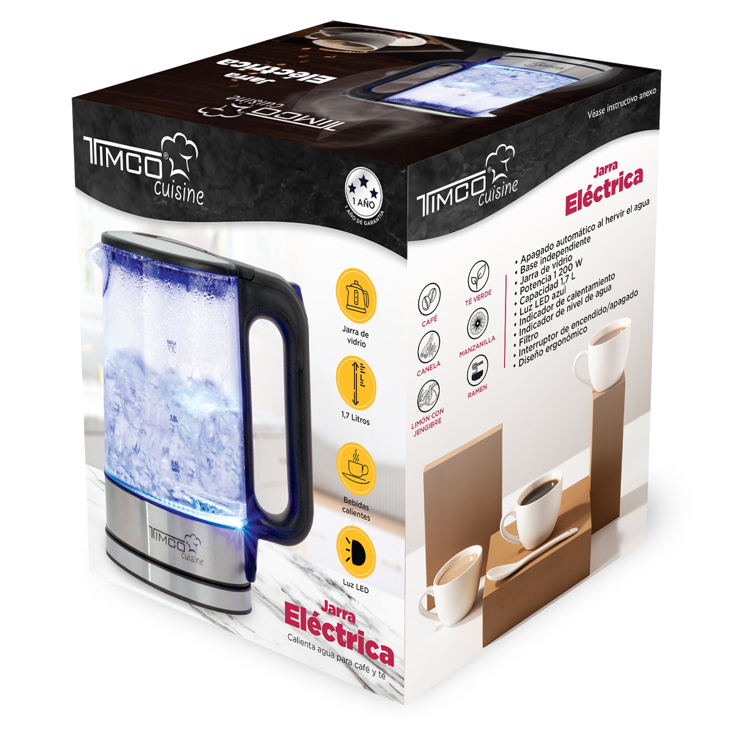 Tetera Jarra Eléctrica de Vidrio 1.7 L Hervidor Agua Acero Inoxidable Timco JE8707