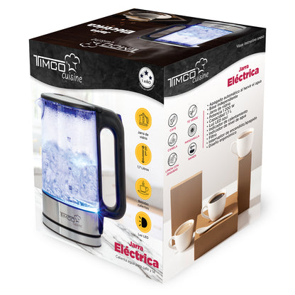 Tetera Jarra Eléctrica de Vidrio 1.7 L Hervidor Agua Acero Inoxidable Timco JE8707