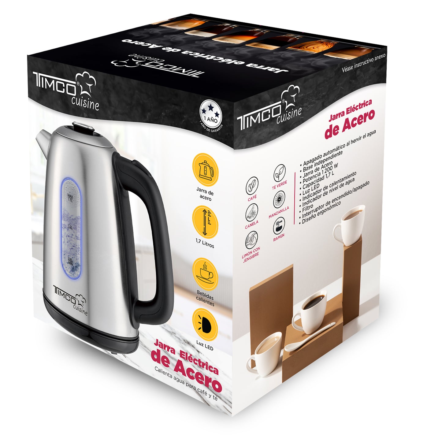 Tetera Electrica de Acero Inoxidable Capacidad de 1.7 Litros Jarra Electrica Apagado Automatico Timco JE8701R