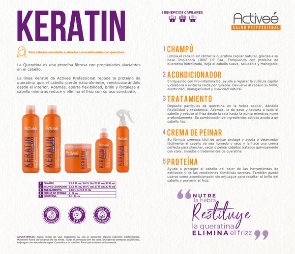 Shampoo Activee Professional Keratin Tecnologia para cuidado Intensivo de Cabello Quimicamente tratado Libre de Sal