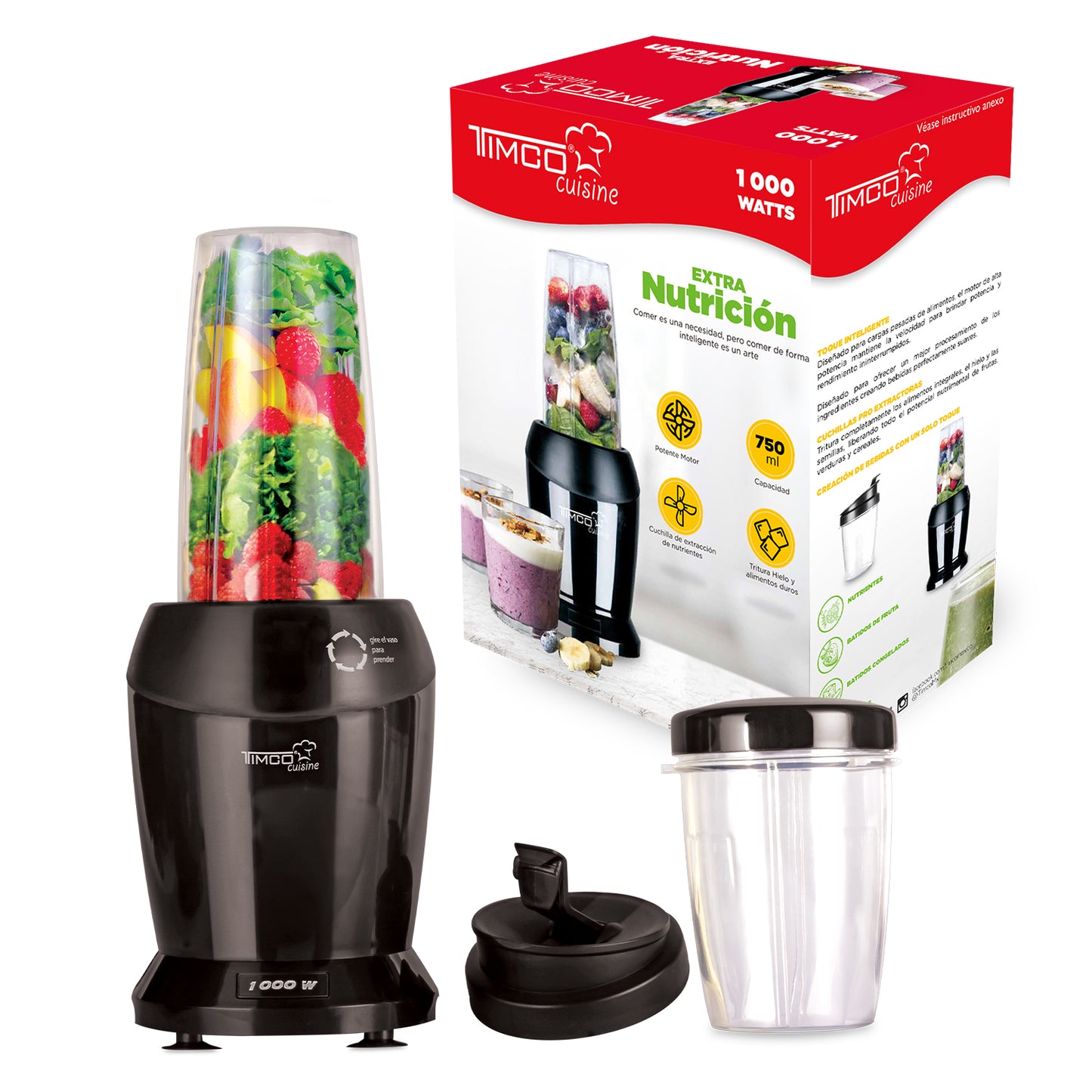 Licuadora Procesador de Alimentos de 750 ml 1000 W Cuchillas Acero Inoxidable Timco LIC01