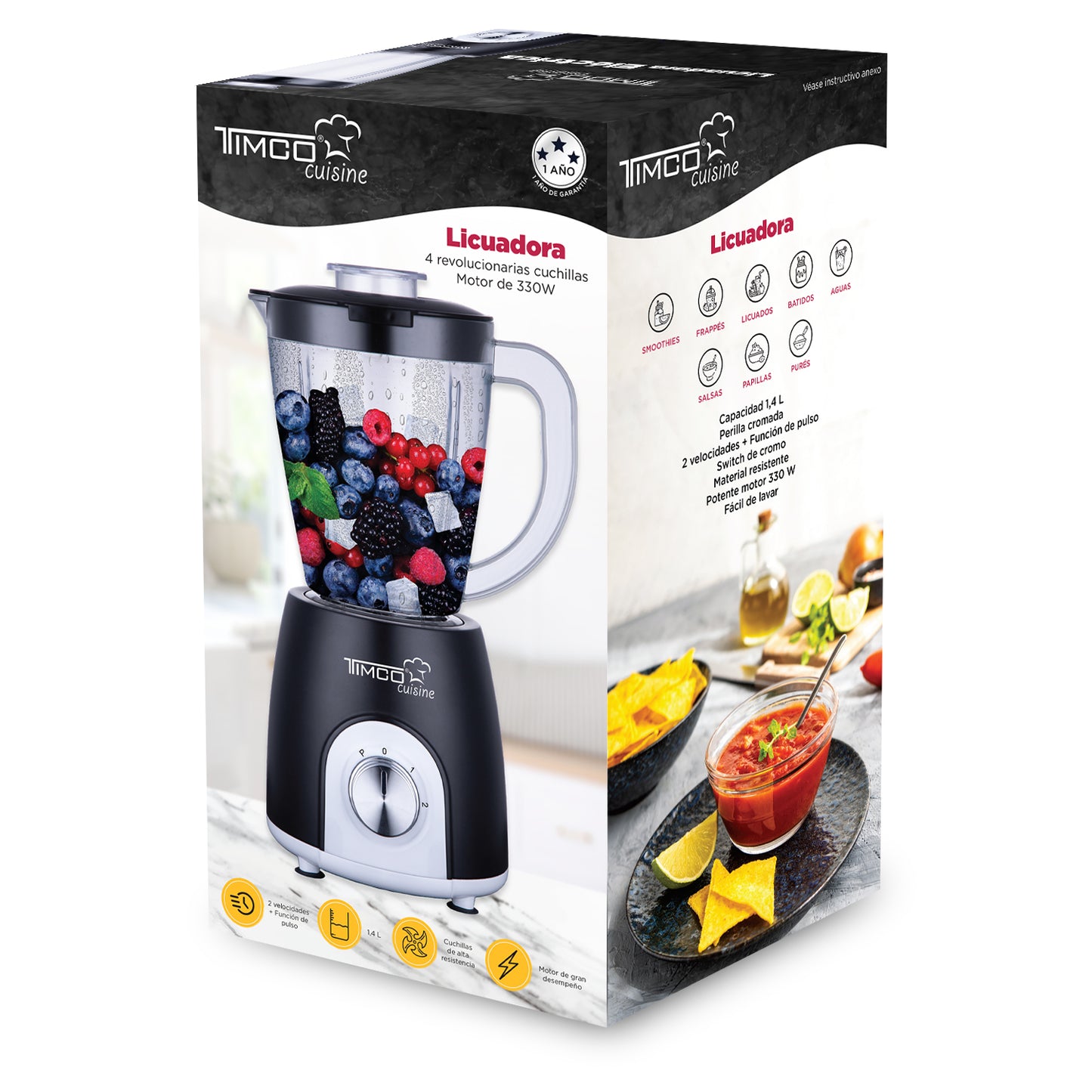 Licuadora Vaso de Plástico 1.4 L 3 Velocidades Libre de BPA Timco LICX803