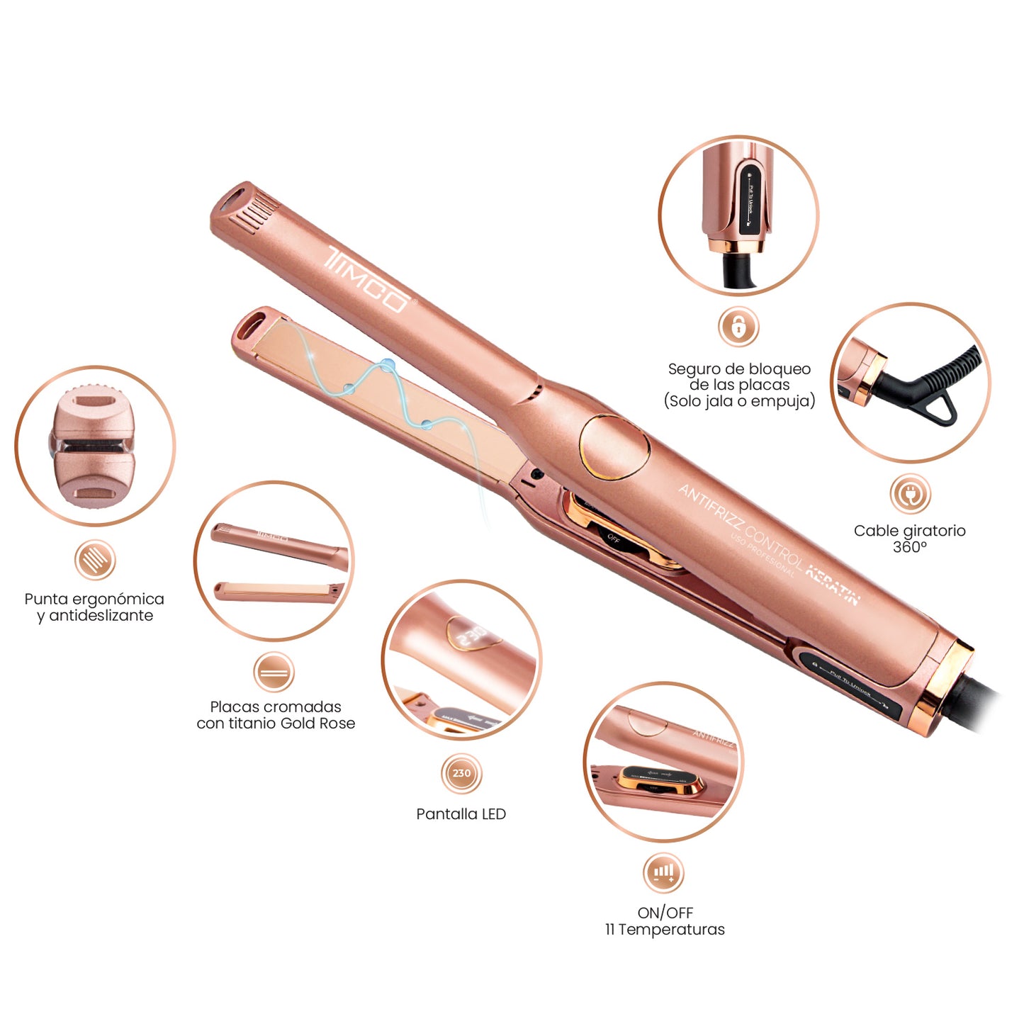 Plancha Alaciadora de Cabello Corto Placas Titanio 15 mm Antifrizz Control Keratin Timco P1098
