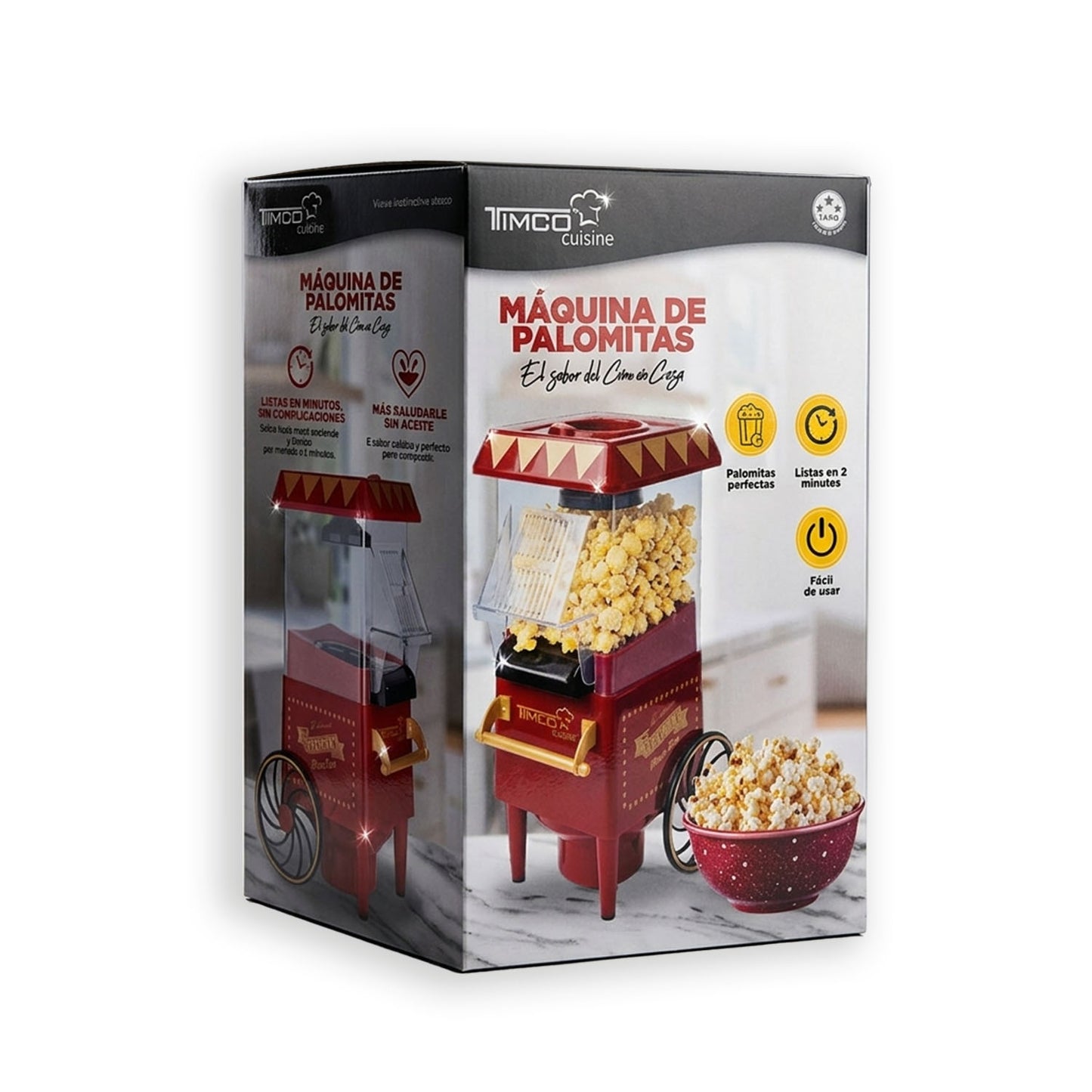 Maquina para Palomitas TIMCO 1200W Palomera Eléctrica Sin Aceite con Aire Caliente Diseño Tipo Carrito Tapa Medidora PALO-820