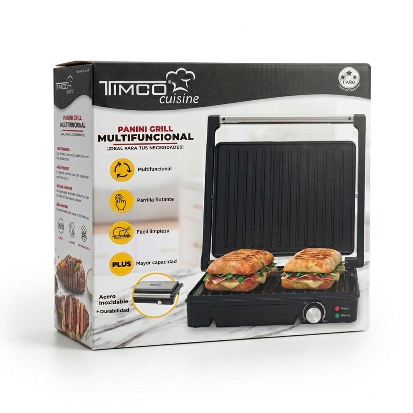 Parrilla Panini Grande TIMCO 1600W Sandwichera Profesional Acero Inoxidable Placas Antiadherentes 28×22 cm PANINI510M