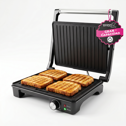 Parrilla Panini Grande TIMCO 1600W Sandwichera Profesional Acero Inoxidable Placas Antiadherentes 28×22 cm PANINI510M