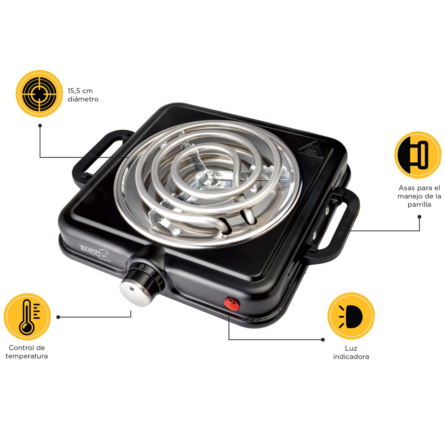 Parrilla Eléctrica 1 Quemador con Termostato Color Negro Timco PE03N