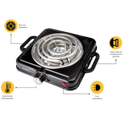 Parrilla Eléctrica 1 Quemador con Termostato Color Negro Timco PE03N