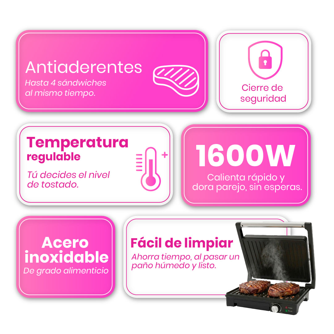 Parrilla Panini Grande TIMCO 1600W Sandwichera Profesional Acero Inoxidable Placas Antiadherentes 28×22 cm PANINI510M