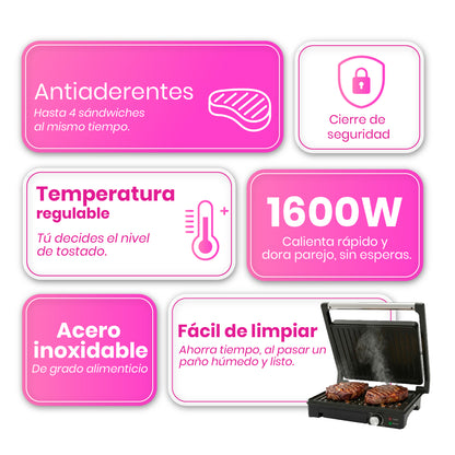 Parrilla Panini Grande TIMCO 1600W Sandwichera Profesional Acero Inoxidable Placas Antiadherentes 28×22 cm PANINI510M